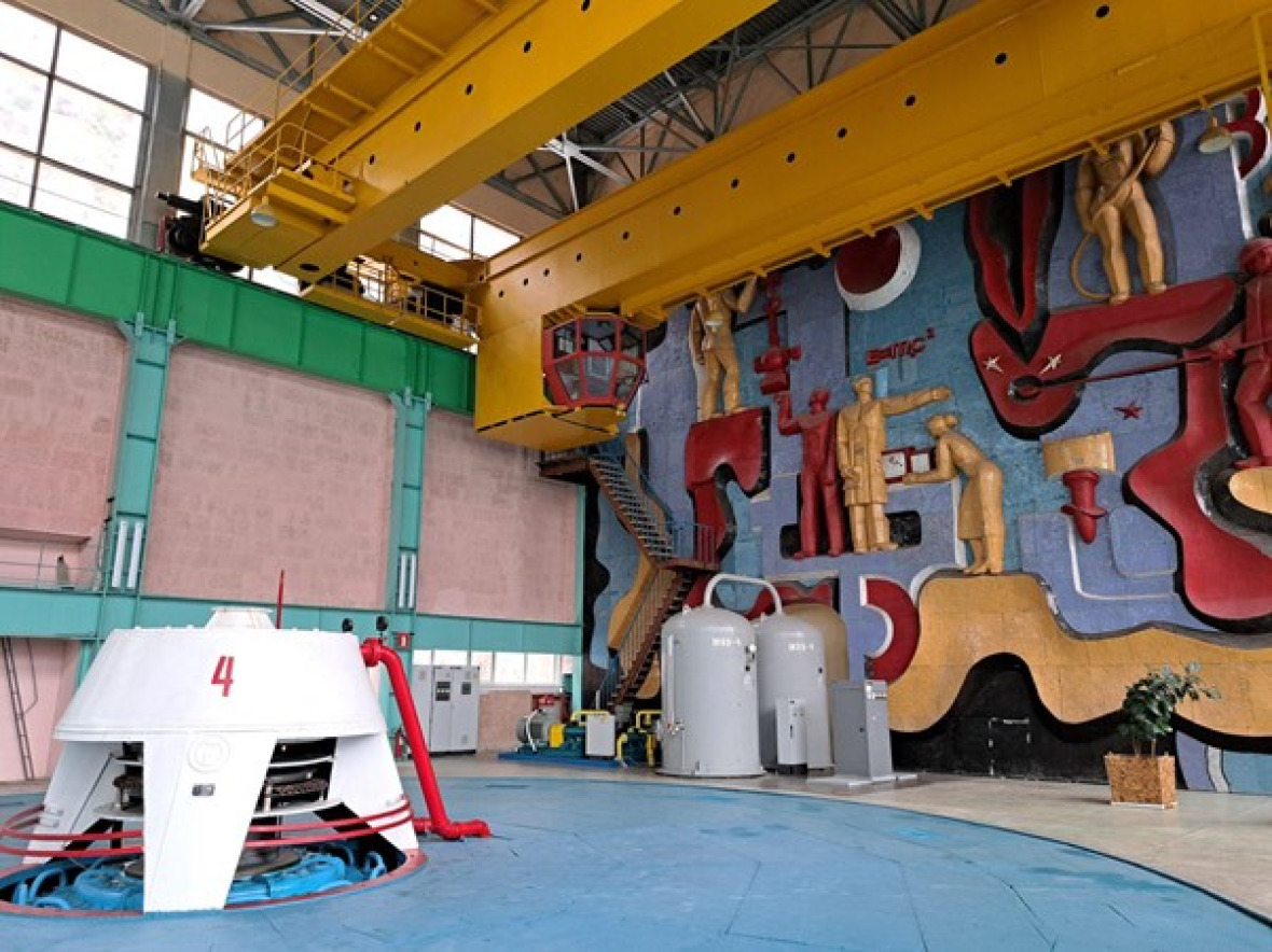 The engine room of the 364 MW Kapchagay Hydropower Plant in Almaty Region, Kazakhstan. 